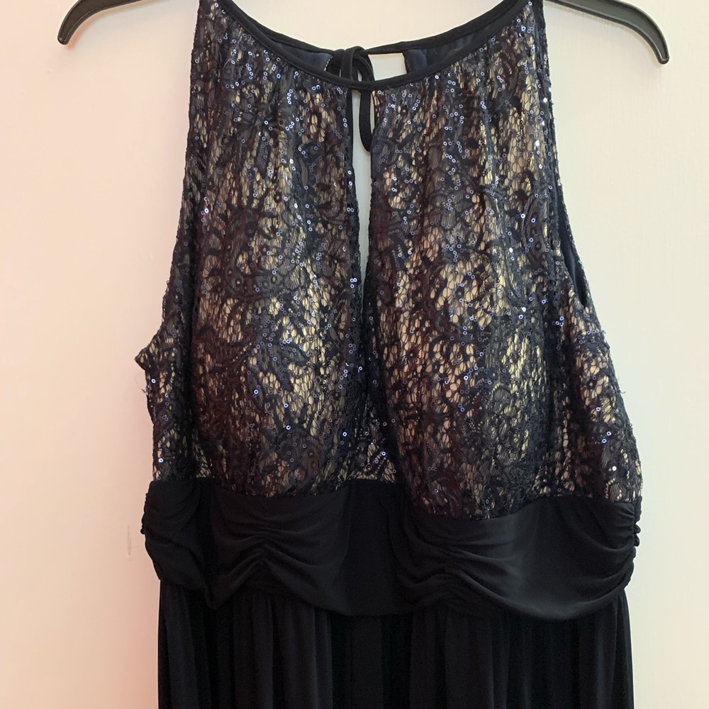 Navy Blue, long, sleeveless dress.